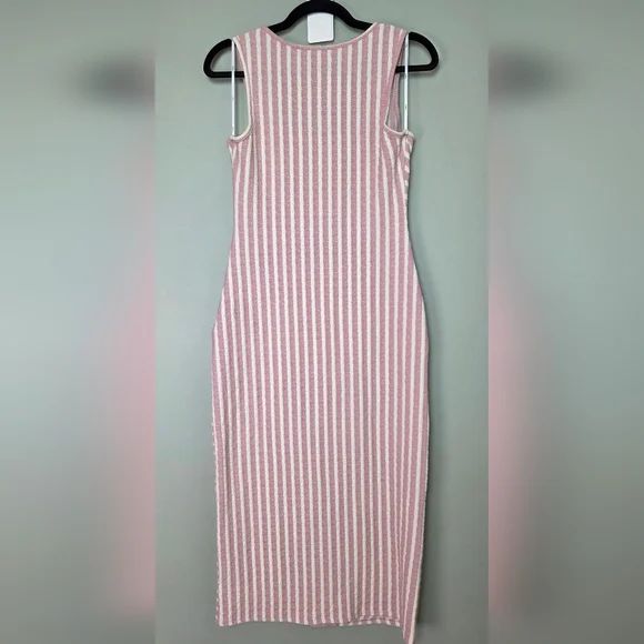 Lulus Constantly Trendy Blush Striped Crinkle Bodycon Midi Dress, Size Large - Picture 6 of 10